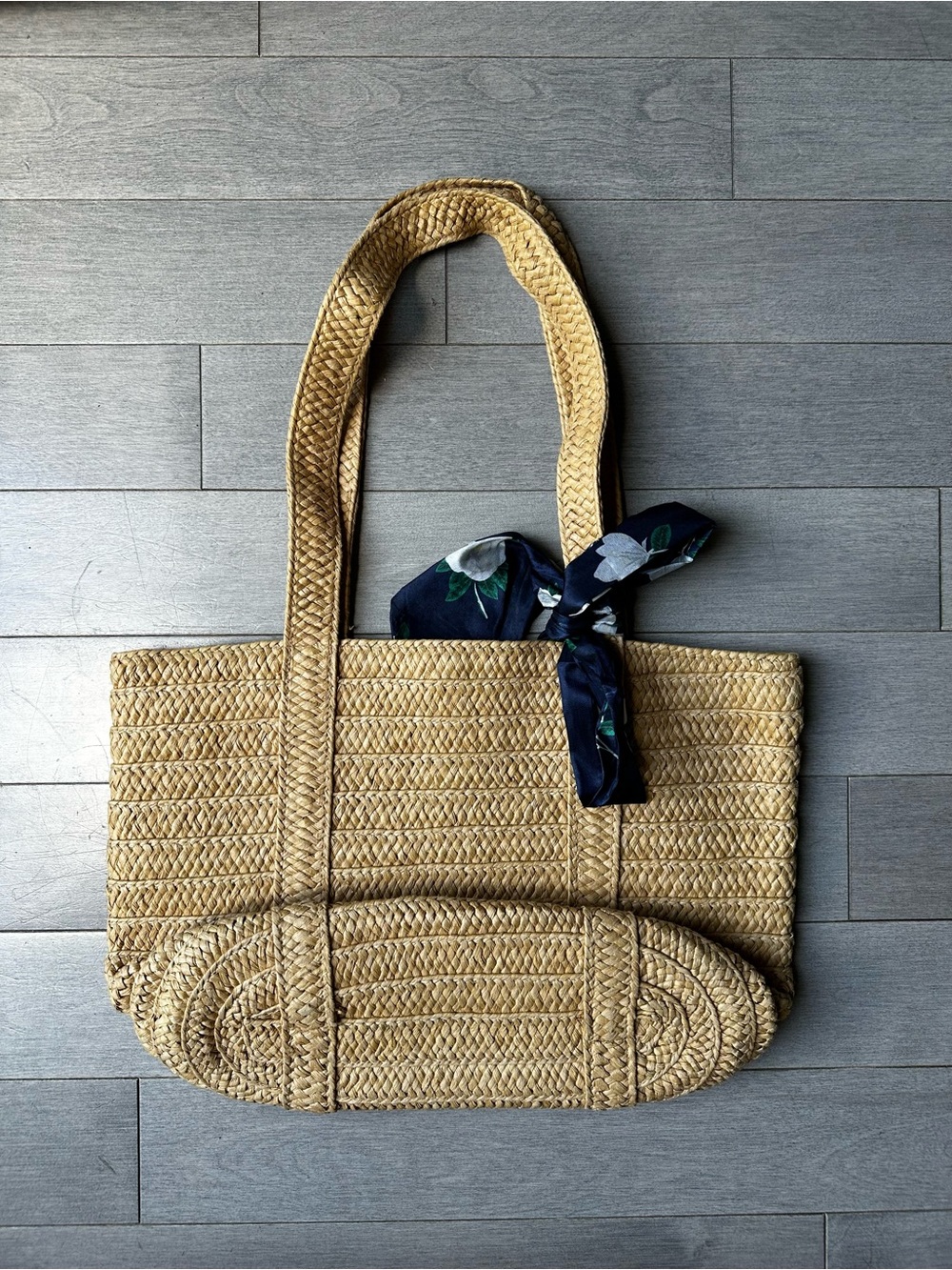 Women’s Draper James Straw Bag Wicker Woven Purse Handbag Blue Scarf Floral Tote